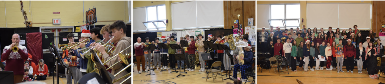 photo collage of students playing instruments and singing